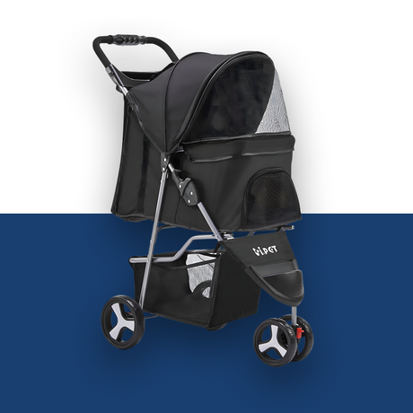 i.Pet 3-Wheel Foldable Pet Stroller - Black - stroller on white and blue background