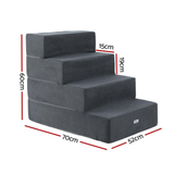 Set of four gray pet steps with dimensions indicated on a white background