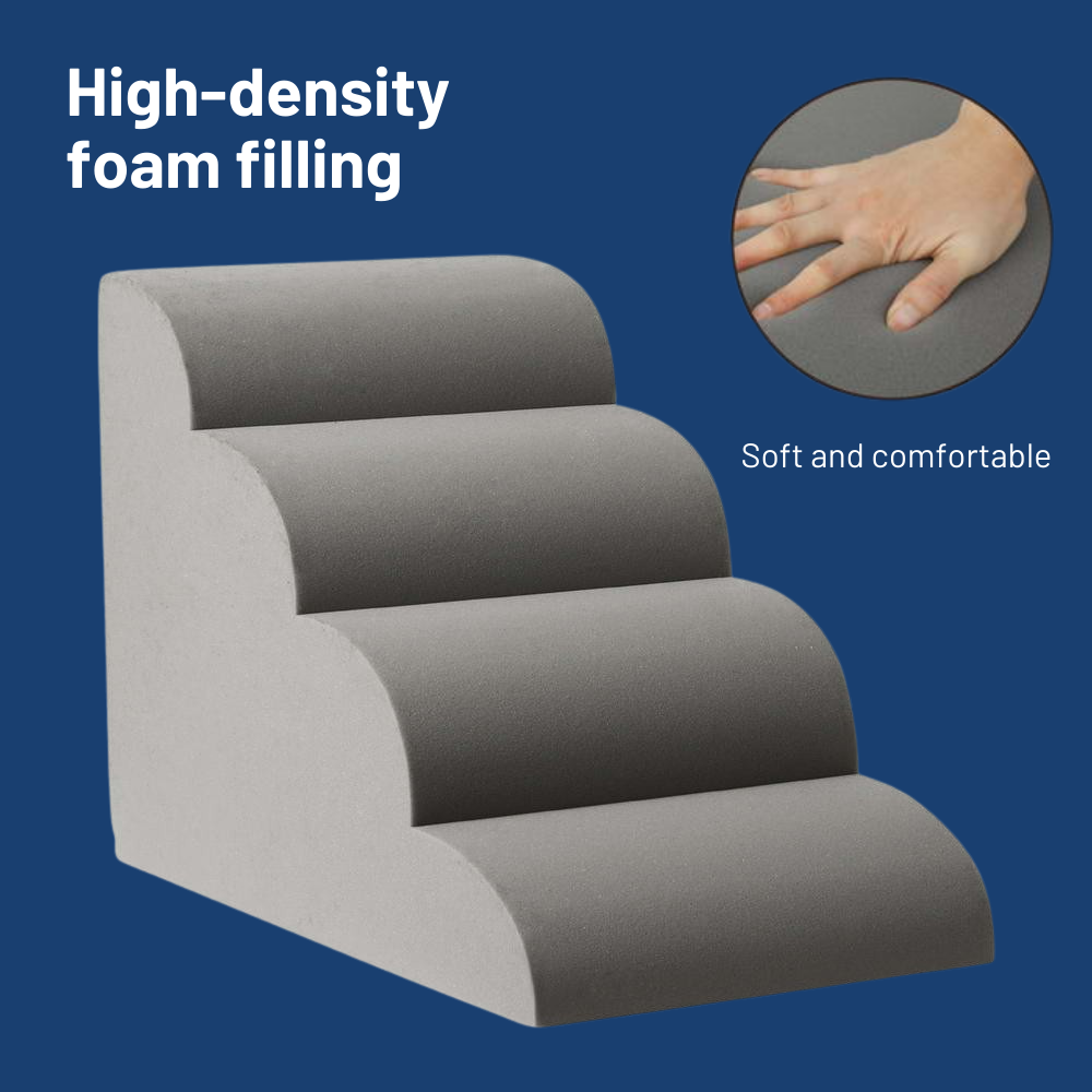 Gray pet step with high-density foam filling and hand touch illustration on a blue background