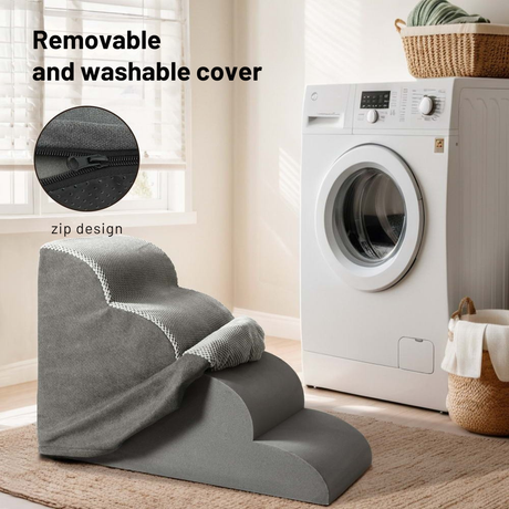 Gray pet step with cover, washing machine in the background