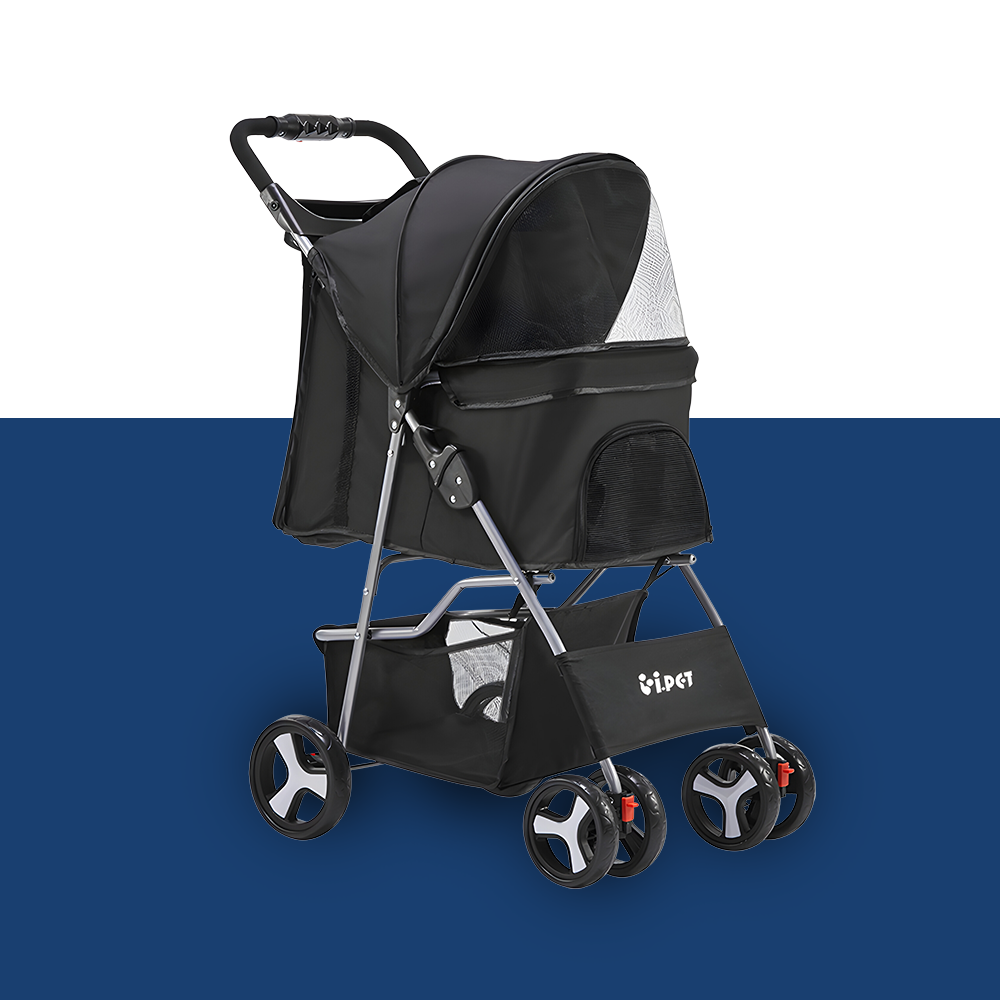 i.Pet 4 Wheel Foldable Pet Stroller Black Ramp Champ