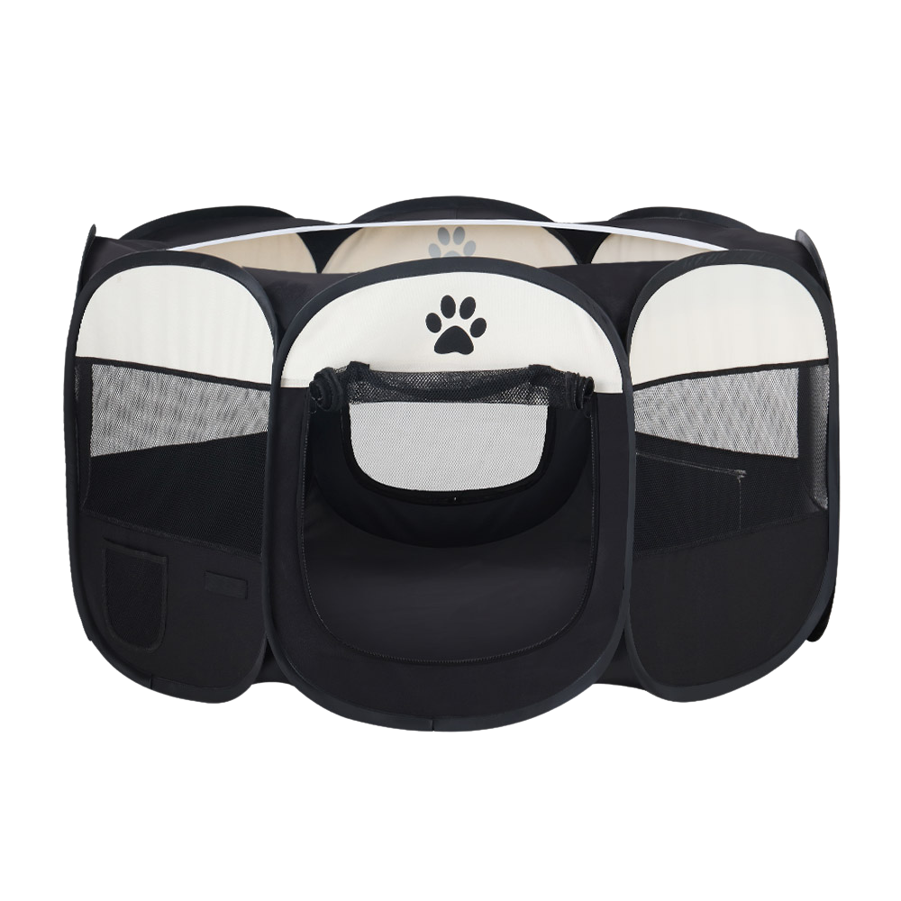 Side profile of the black and white pet playpen showing mesh panels and storage pocket.