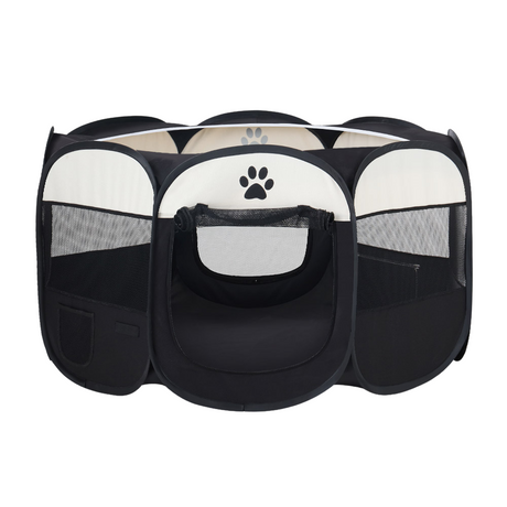 Side profile of the black and white pet playpen showing mesh panels and storage pocket.