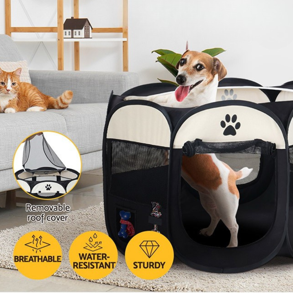 Dogs and a cat shown enjoying a black and white portable pet playpen in indoor and outdoor settings with breathable mesh and promotional icons.