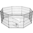 A black octagonal wire fence enclosure for pets, displayed on a white background, with the door slightly open