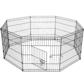 A black octagonal wire fence enclosure for pets, displayed on a white background, with the door slightly open