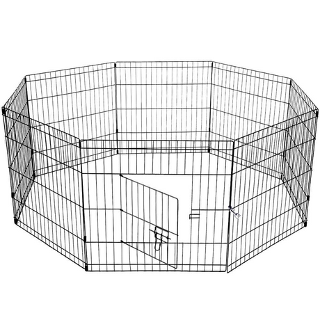 A black octagonal wire fence enclosure for pets, displayed on a white background, with the door slightly open