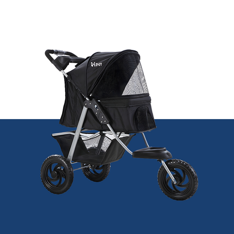 i.Pet Foldable Pet Stroller Dog Carrier Large - Black - stroller on white and blue split background