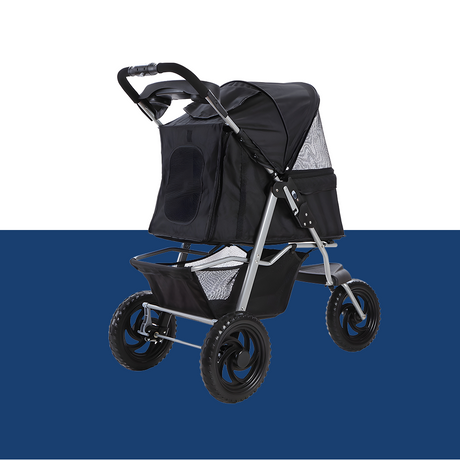 i.Pet Foldable Pet Stroller Dog Carrier Large - Black - rear three-quarter stroller view, blue background