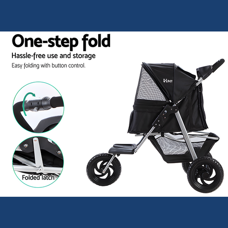 i.Pet Foldable Pet Stroller Dog Carrier Large - Black - one-step fold graphic with handle and latch insets