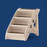 Beige folding pet stairs with four steps, brown treads, and side paw print accents on a blue background.
