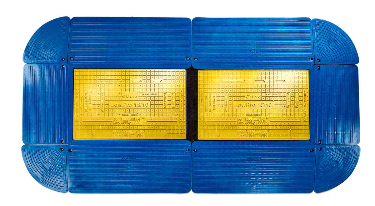 Two Oxford Plastics LowPro 15/10 trench covers joined with blue ramps