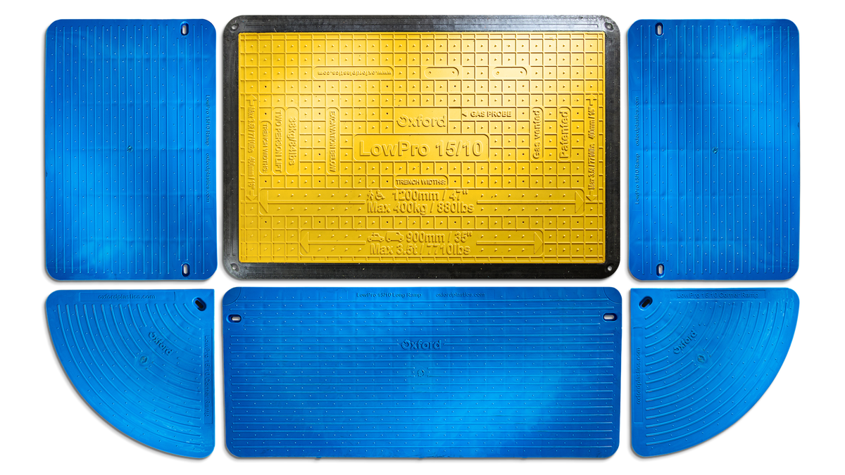 Oxford Plastics LowPro 15/10 trench cover with blue infill strips and ramps