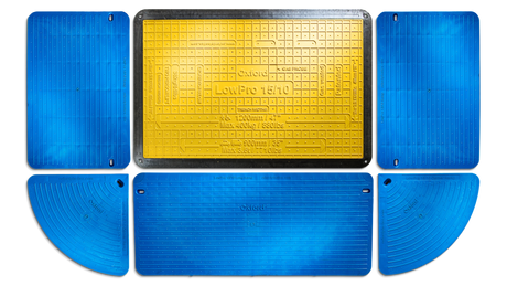 Oxford Plastics LowPro 15/10 trench cover with blue infill strips and ramps