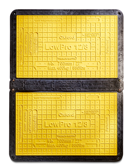 Two Oxford Plastics LowPro 12/8 trench covers with an infill strip