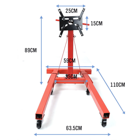Red mechanical stand with dimensions labeled on a white background