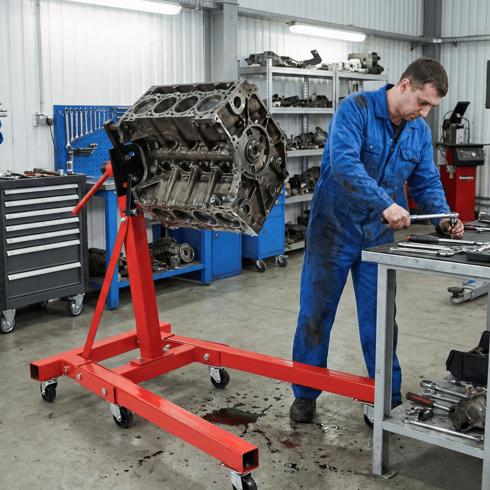 Mechanic working on a car engine in a workshop
