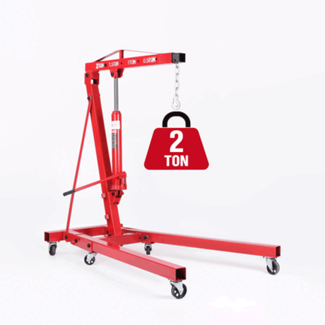 Red two-ton crane lift with a weight indicator on a white background