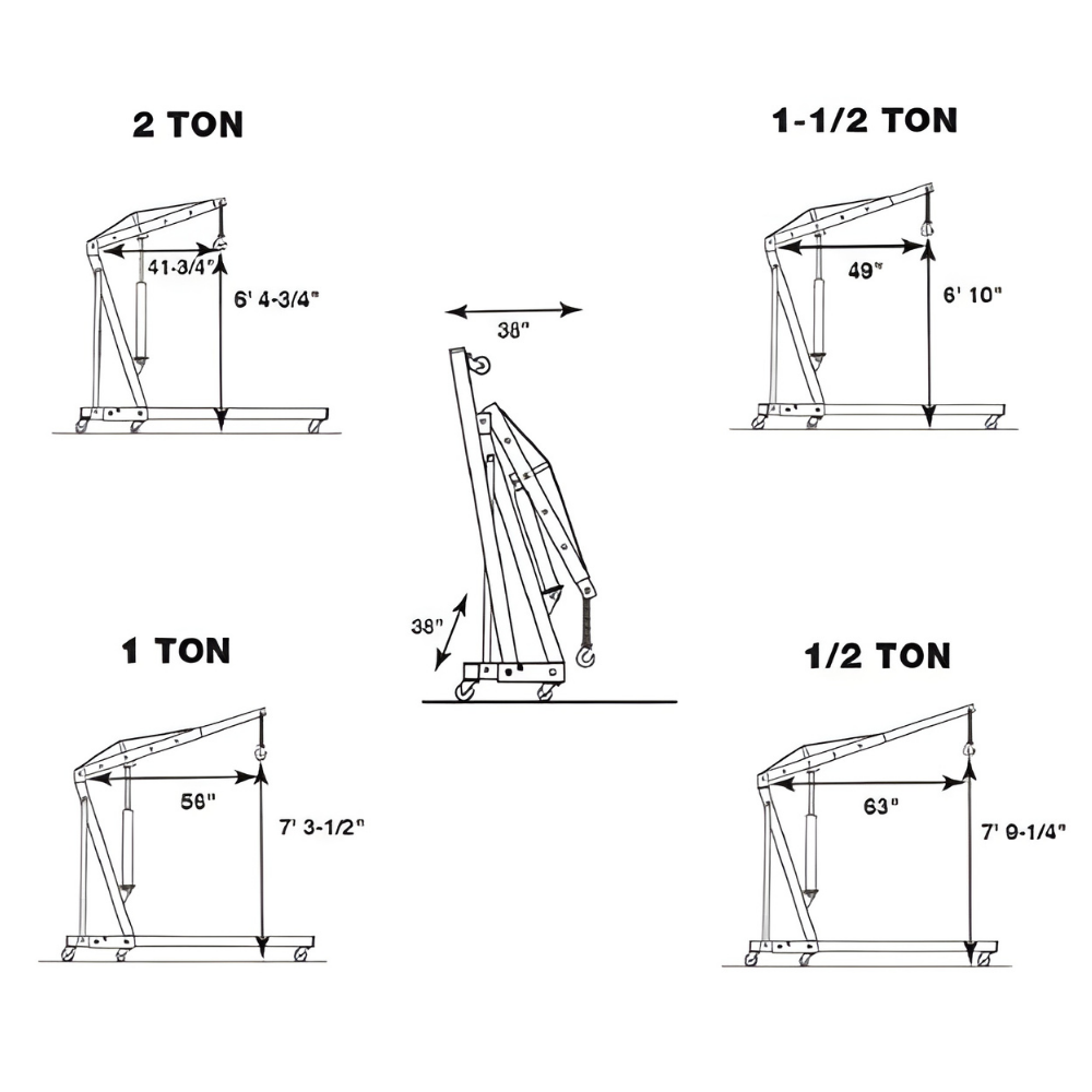 Illustrations of different tonnage cranes with dimensions on a white background