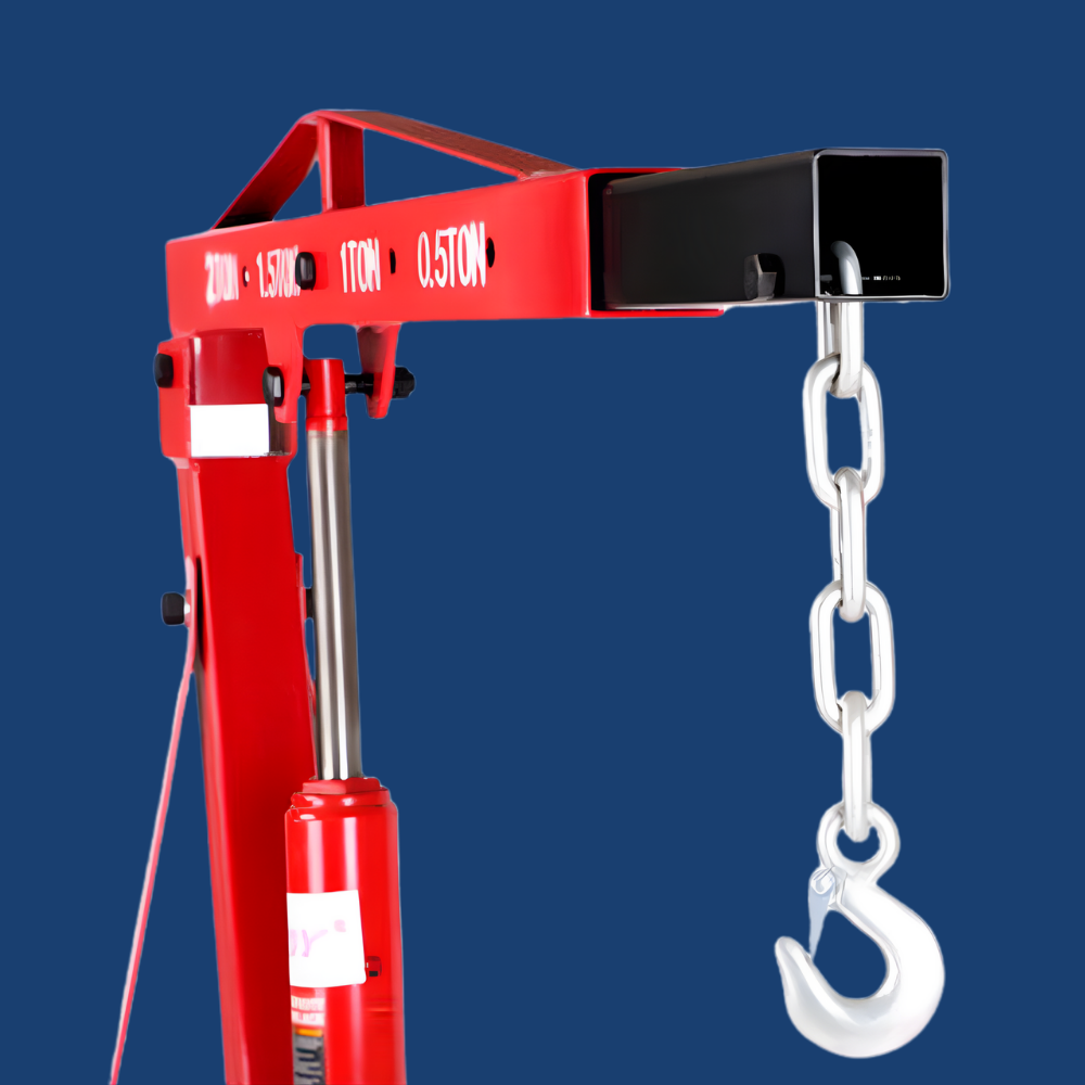 Red hydraulic lift with a chain and hook on a blue background