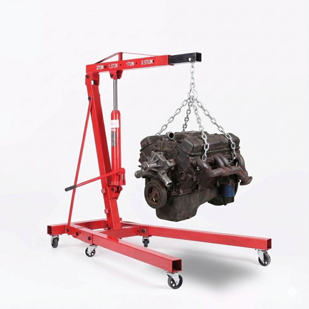 Red engine hoist lifting a car engine on a white background