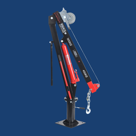 Mechanical lifting device with red and black components on a blue background