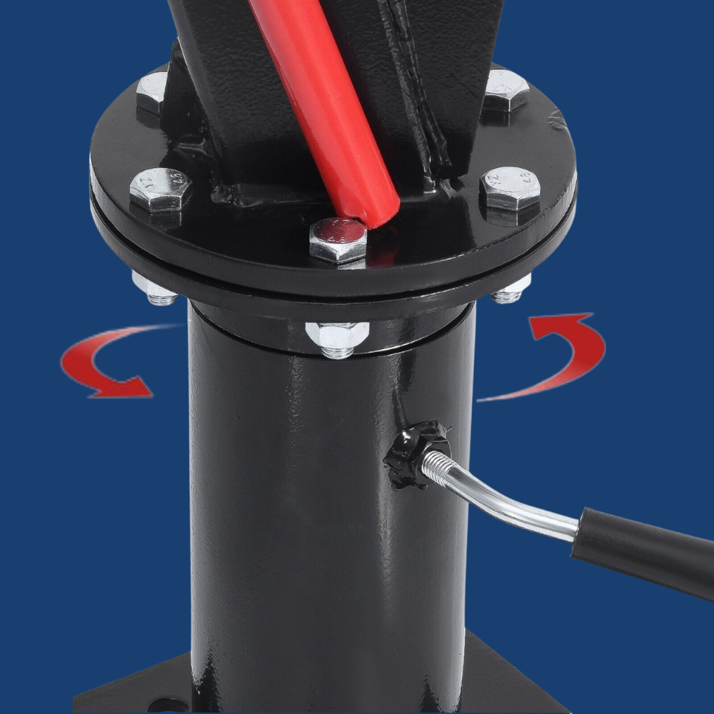 Black metal jack with red lever on a blue background