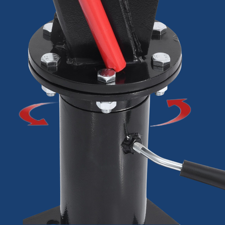 Black metal jack with red lever on a blue background