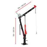 Portable crane with measurement indicators on a white background