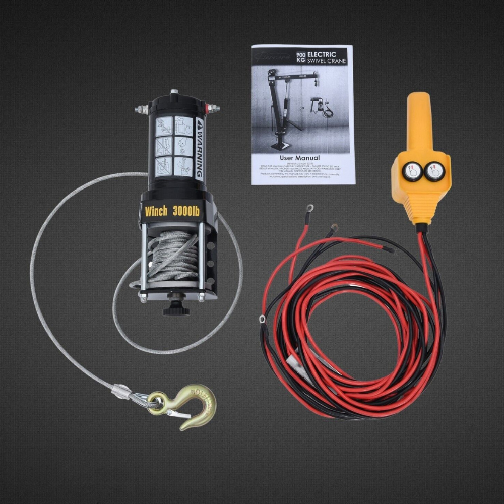 Winch kit with winch, remote control, and user manual on a dark background