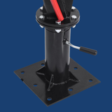 Black metal jack stand with red cable on a blue background