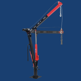 Red and black crane lift on a blue background