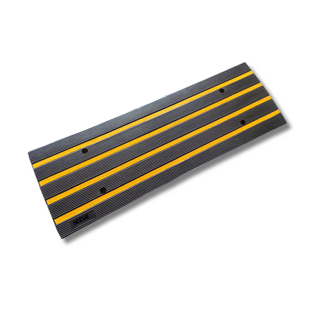 Single Heeve black rubber driveway kerb ramp with three yellow anti-slip strips and pre-drilled holes for anchoring. The ramp is photographed on a white background with soft shadows, showing full length and branding.