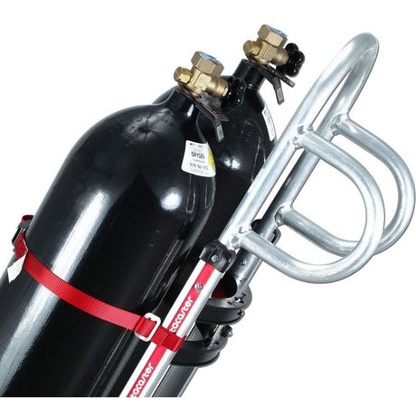 Rotatruck Dual Gas Cylinder V-Loop Handle Hand Trolley, 225kg Capacity - close-up of oxygen cylinder tops, handle, strap