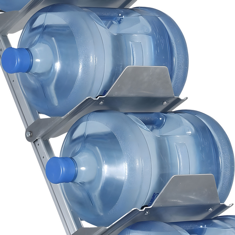 A detailed shot of the stacked water bottles, focusing on the support brackets that hold each bottle securely in place on the frame.
