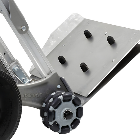 A close-up of the wheel and base structure, showcasing the durable design of the wheels and the base plate that supports the weight of the bottles.