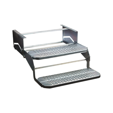 Metal step stool with three platforms on a white background