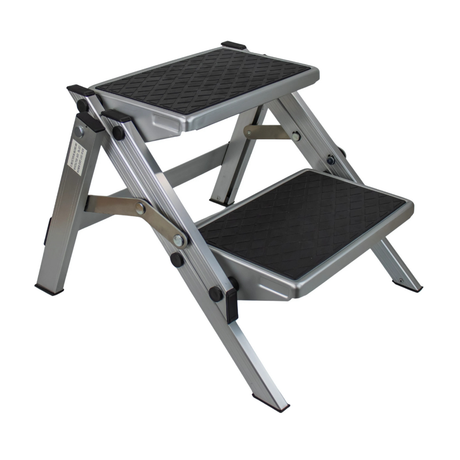 Two-step folding stool with black platforms on a white background