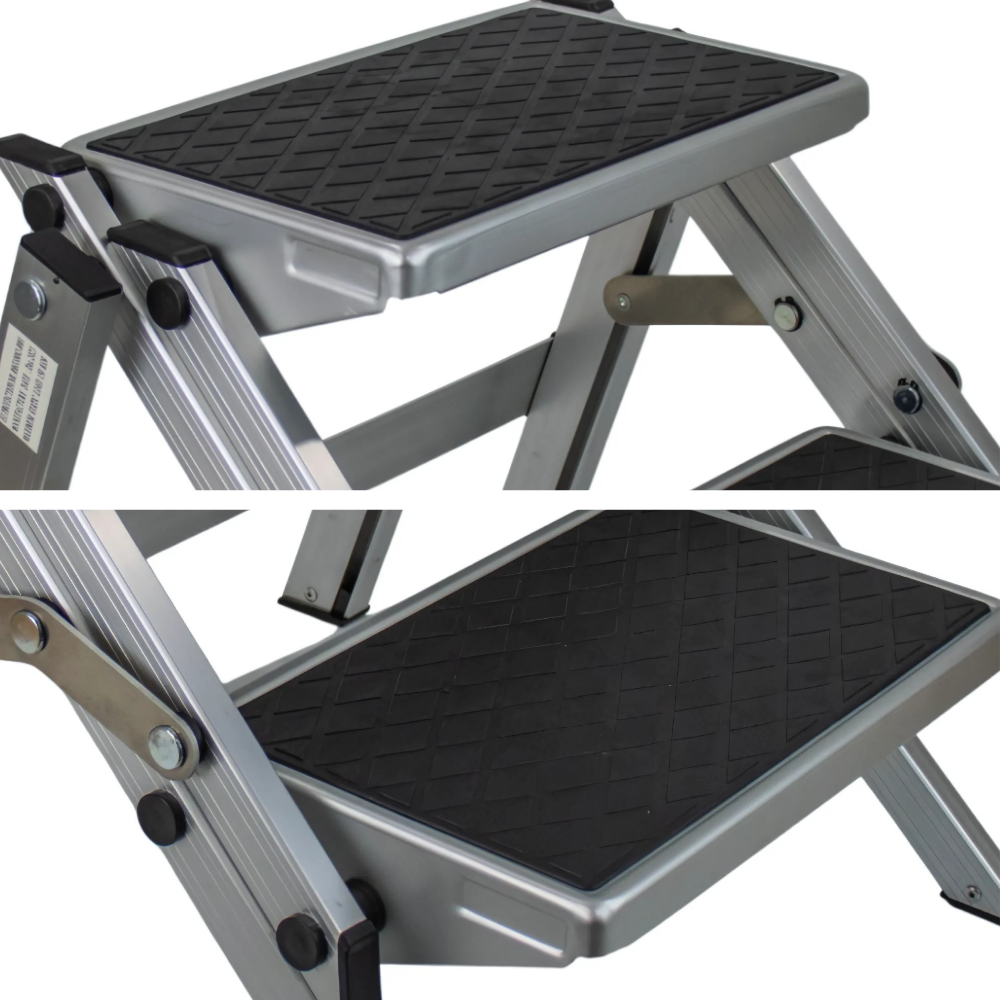 Two views of a metallic step stool with black textured platform on a white background