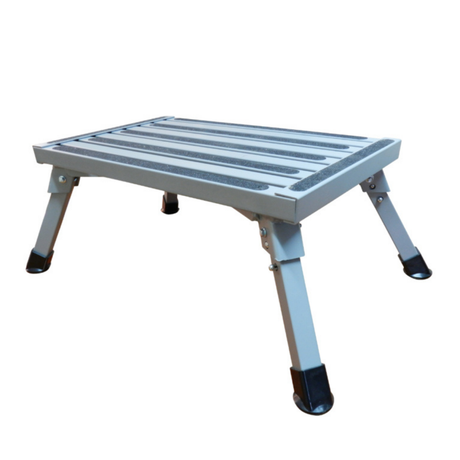 Foldable step stool with metal platform on a white background