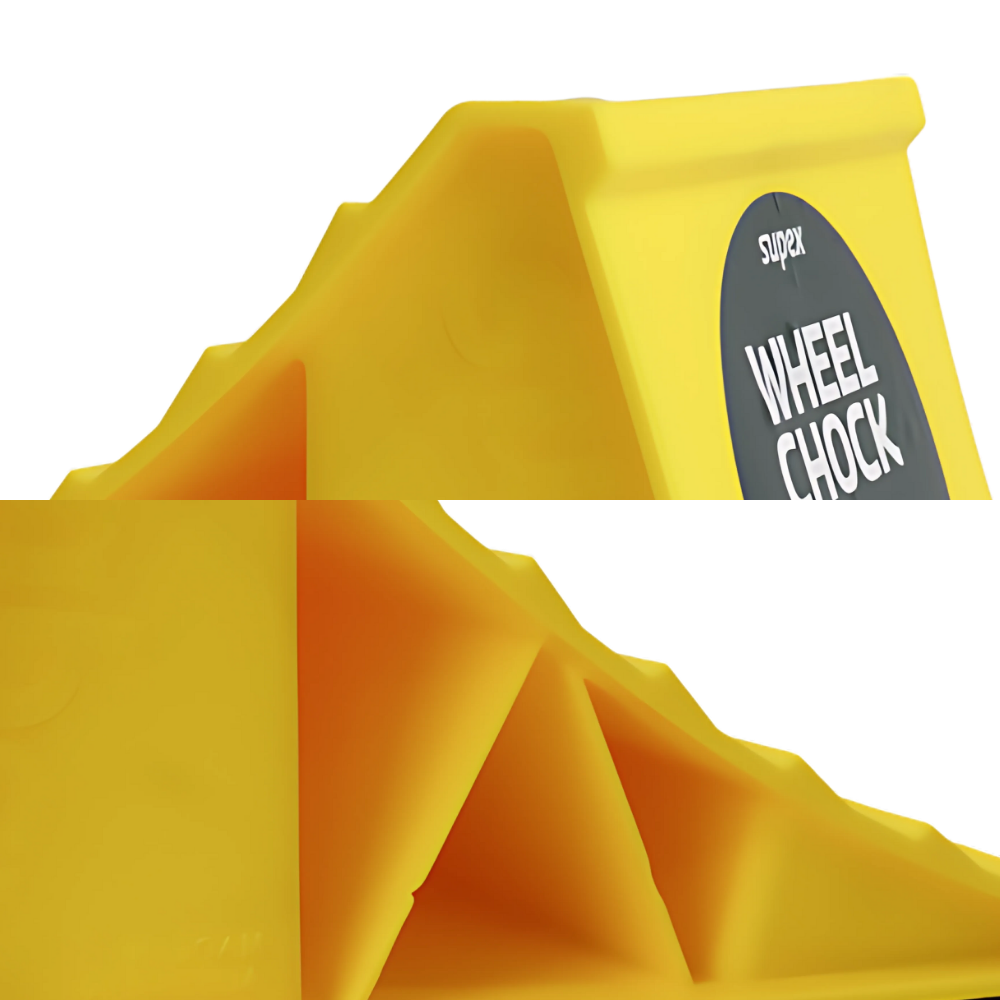 Yellow wheel chock with 'Super Wheel Chock' label on a white background