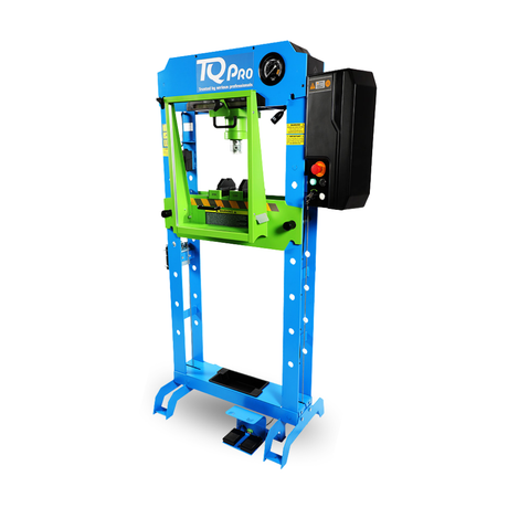 Blue and green hydraulic press with 'TQ Pro' branding on a white background
