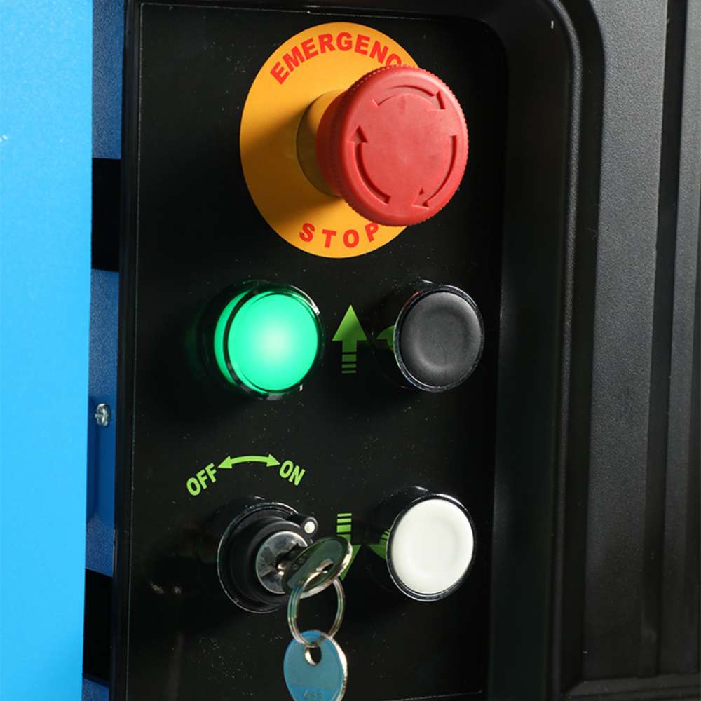 Control panel with emergency stop button, green power switch, and other buttons of TQ Pro Expert Electric Hydraulic Press 30T Capacity