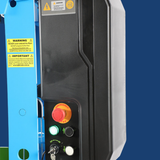 Control panel with buttons and warning labels on a blue background