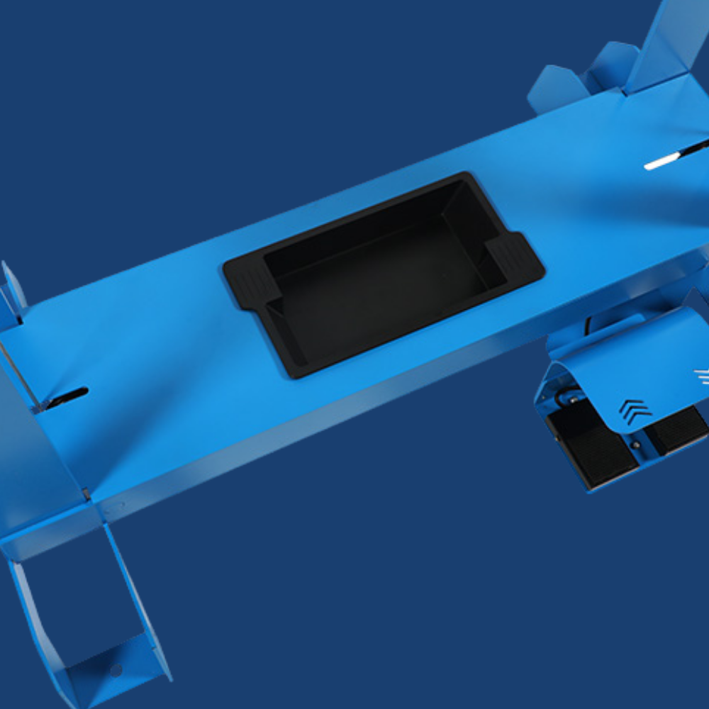Blue mechanical device with a black rectangular component on a blue background
