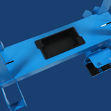 Blue mechanical device with a black rectangular component on a blue background