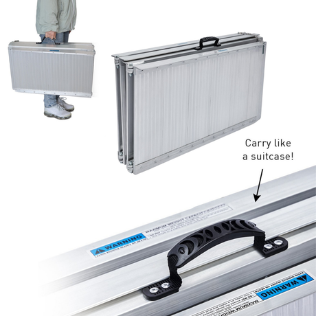 Folded ramp side view, illustrating compact design with carry handle and secure latches.