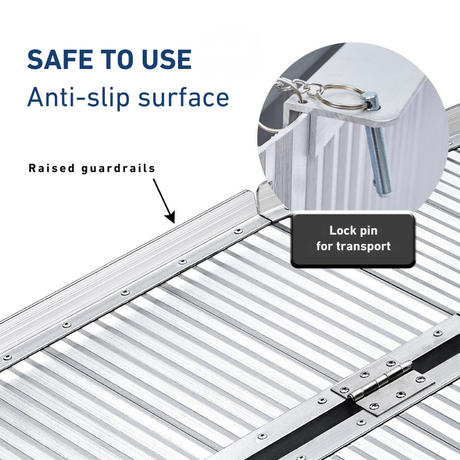 Close-up of anti-slip surface, labelled "SAFE TO USE", with arrow pointing to traction detail.