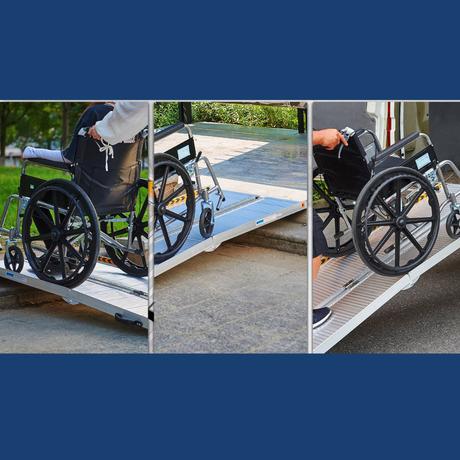 Image showing the ramp used by both a wheelchair and motorbike, demonstrating multi-purpose accessibility.