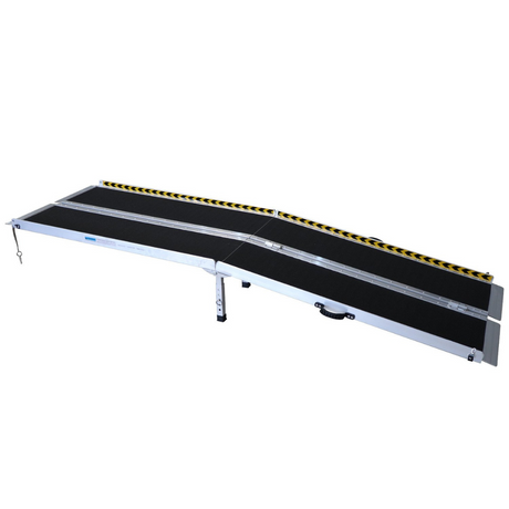 Side angle view of the ramp, fully deployed with leg supports visible for elevated stability.

